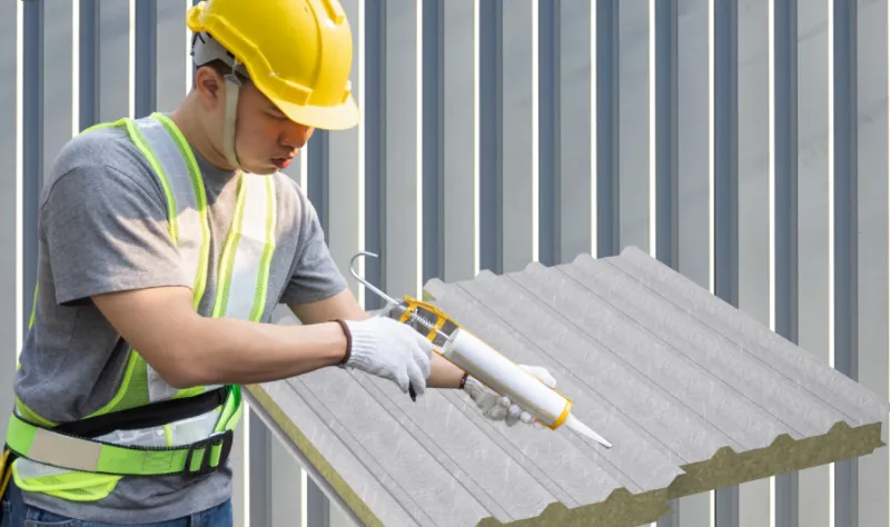 An image of a man using a hybrid sealant on a seam of an insulated metal panel.