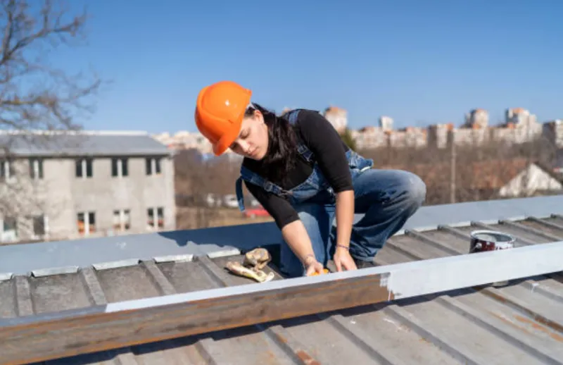 Female worker installing metal frame on rooftop.